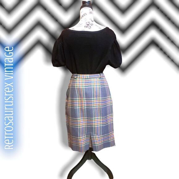 VINTAGE Twee Pinup 1950’s Tweed Blue Tan Plaid Wool A Line Pencil Skirt, Medium - Picture 2 of 5